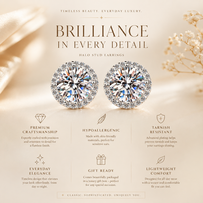 Round Brilliant Cut Moissanite Halo Stud Earrings