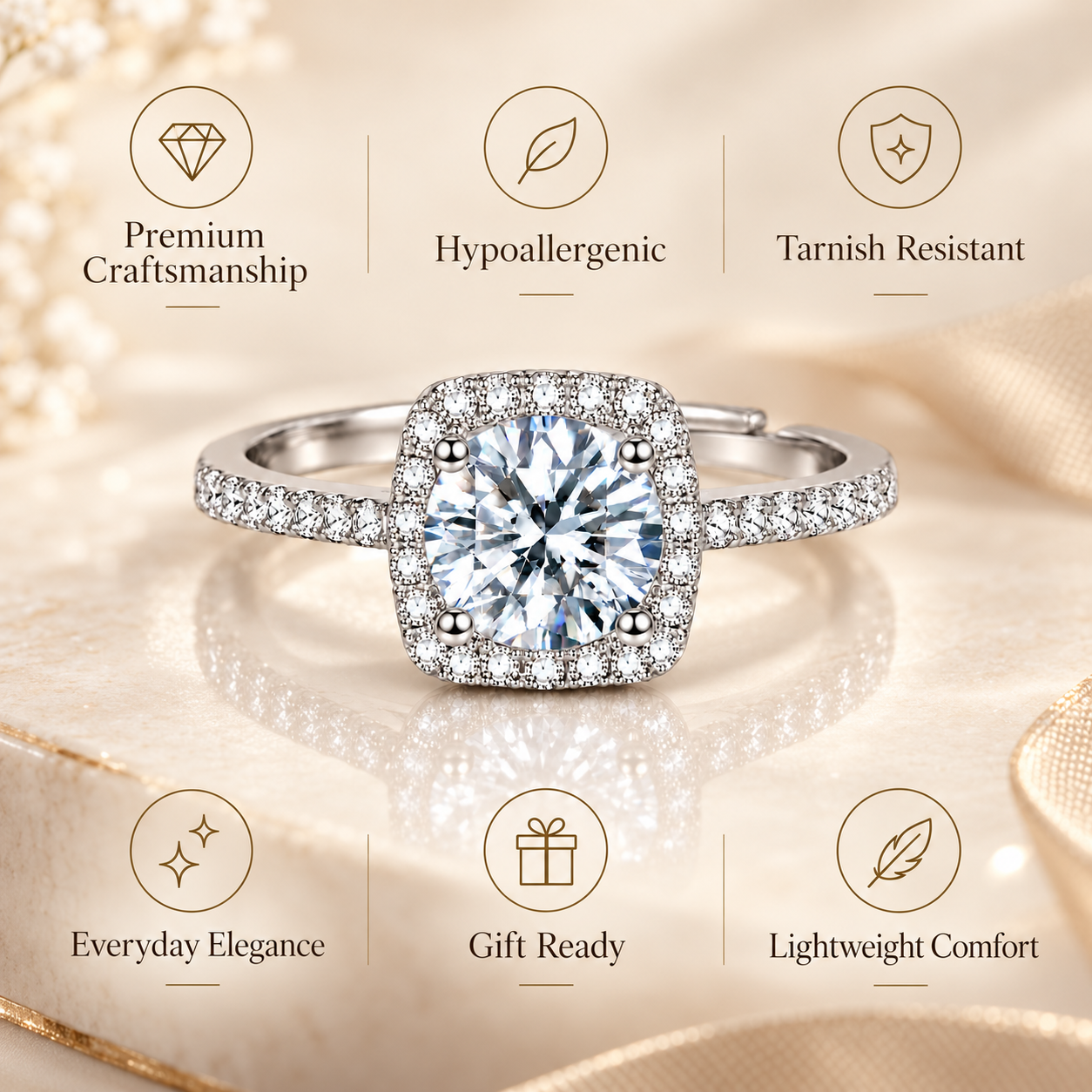 1ct Round Brilliant Moissanite Square Halo Adjustable Ring