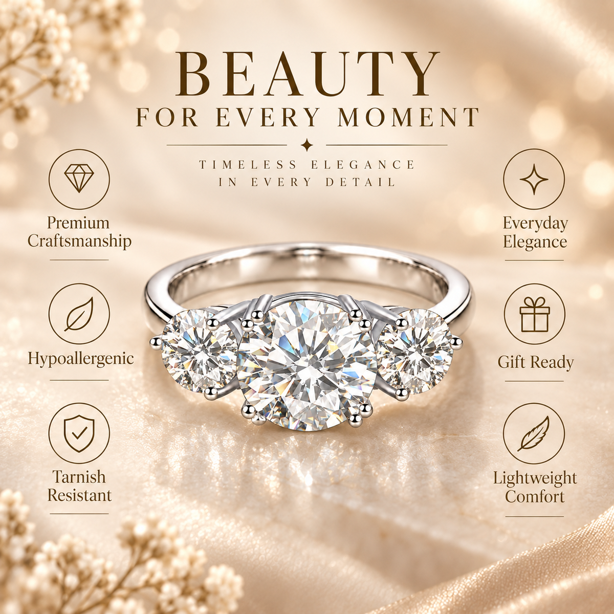 4ct Round Brilliant Moissanite Trilogy Engagement Ring