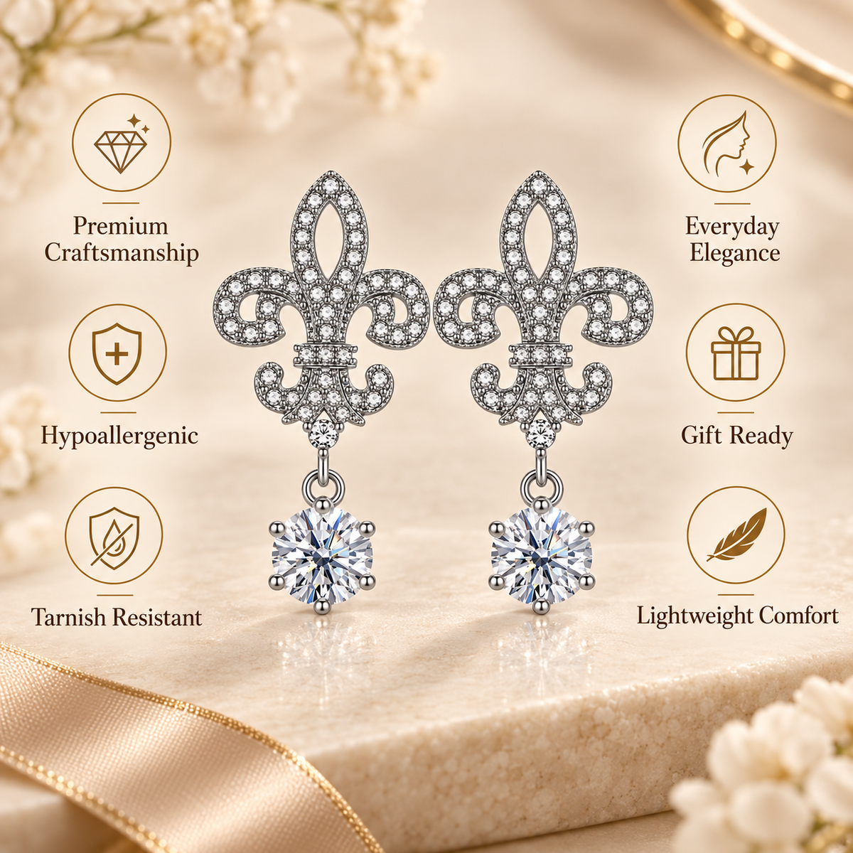 Fleur de Lis Moissanite Drop Earrings – 2.0ct Round Brilliant Dangle Earrings