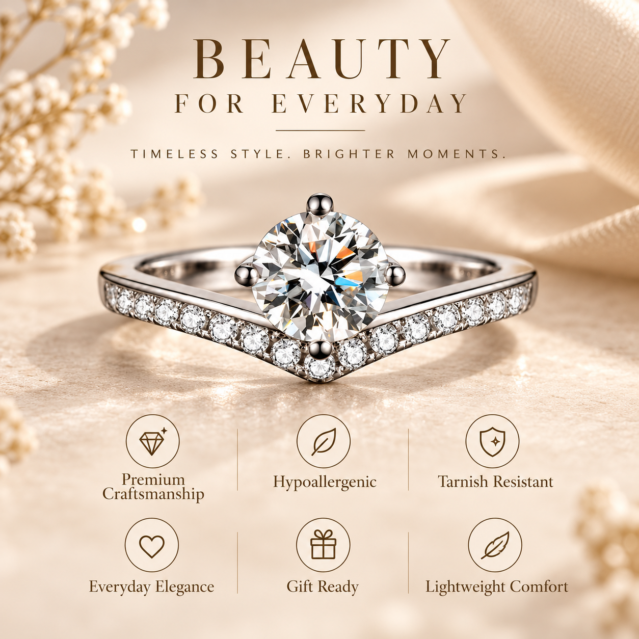 1ct Round Brilliant Moissanite Chevron Pavé Adjustable Ring