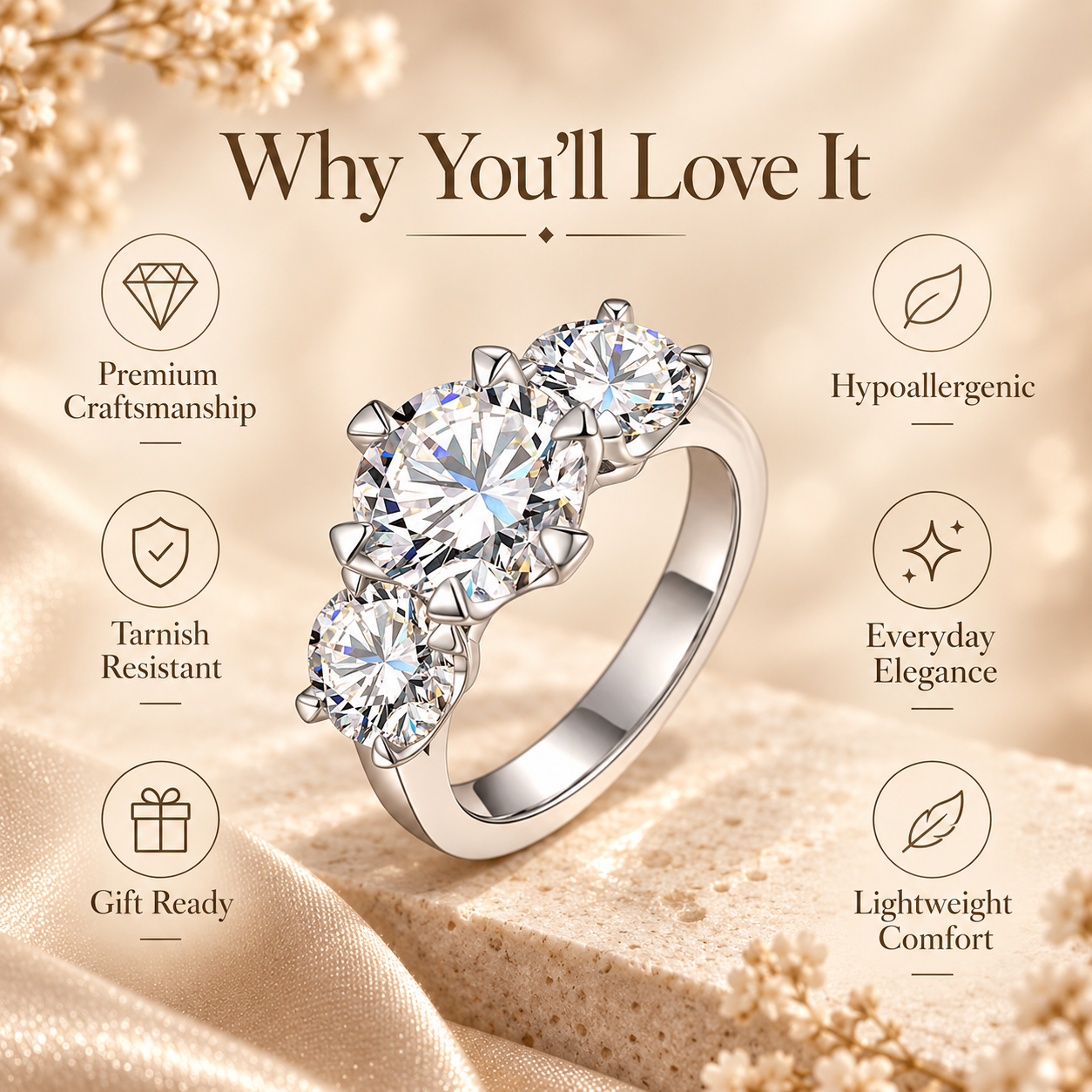 5ct Round Brilliant Moissanite Trilogy Engagement Ring