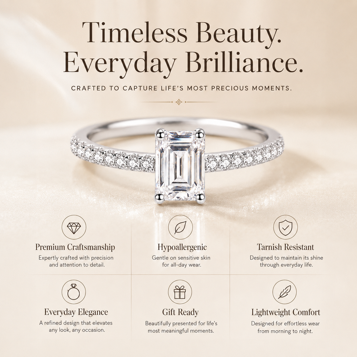 Emerald Cut Moissanite Pavé Solitaire Engagement Ring