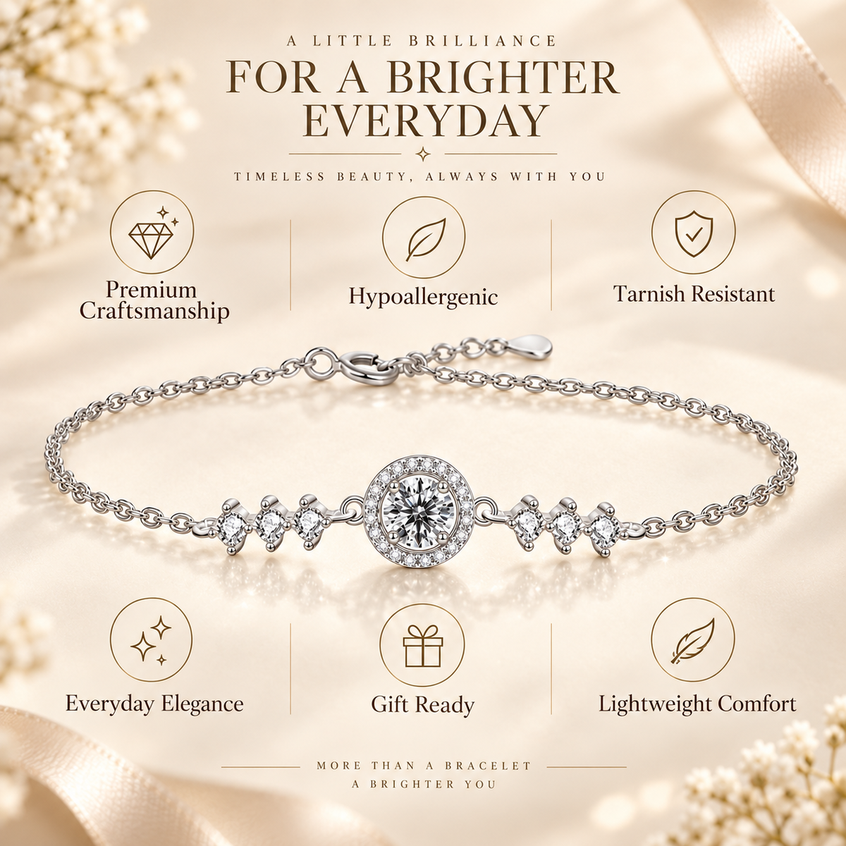 1ct Round Brilliant Moissanite Halo Centrepiece Bracelet