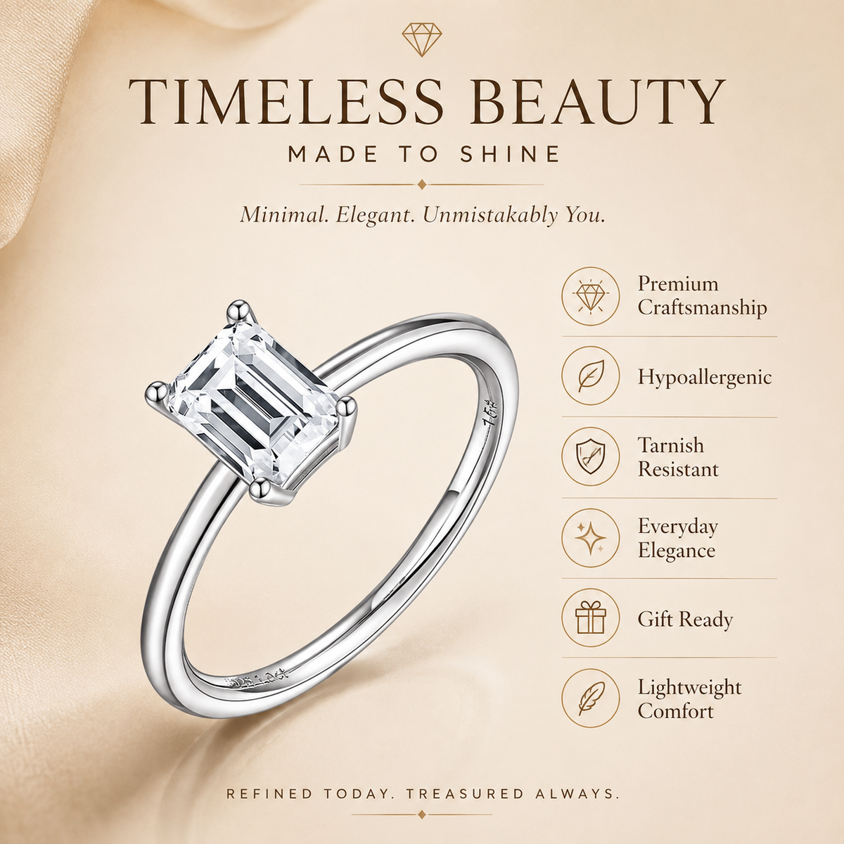 Emerald Cut Moissanite Solitaire Engagement Ring