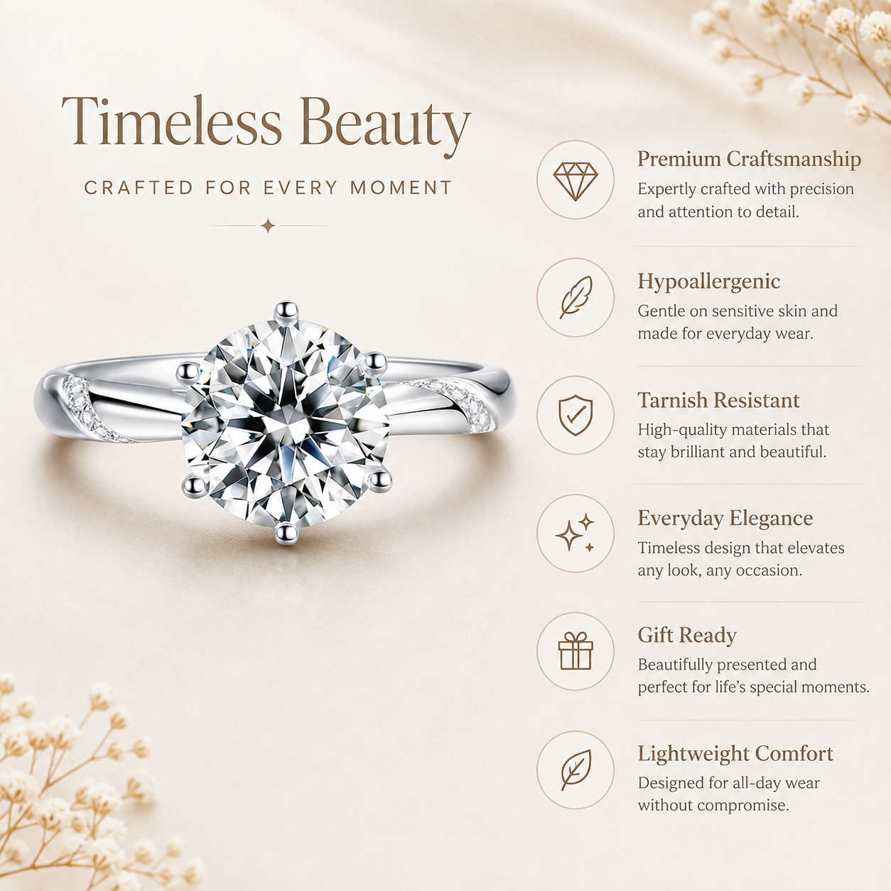 Round Brilliant Moissanite Sweeping Accent Solitaire Engagement Ring