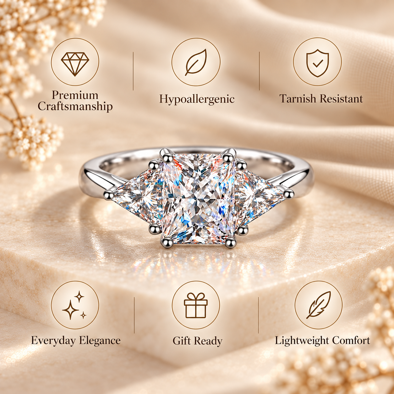 3ct Radiant & Trillion Cut Moissanite Trilogy Engagement Ring