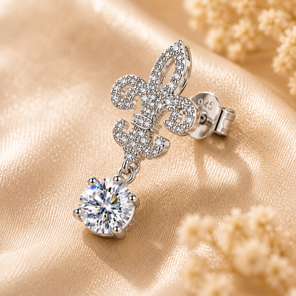 Fleur de Lis Moissanite Drop Earrings – 2.0ct Round Brilliant Dangle Earrings