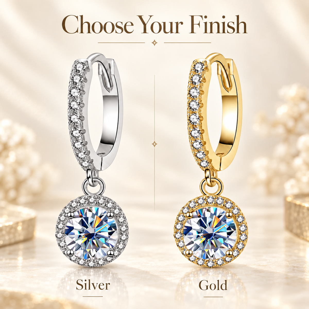 Halo Moissanite Hoop Drop Earrings