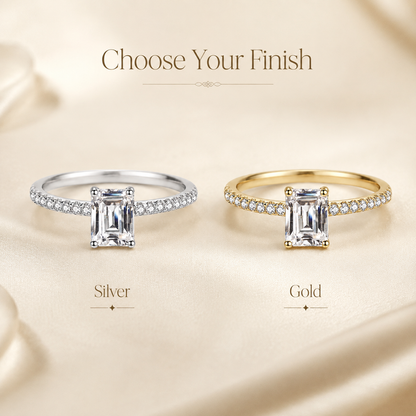 Emerald Cut Moissanite Pavé Solitaire Engagement Ring