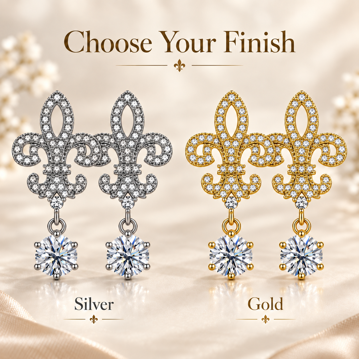 Fleur de Lis Moissanite Drop Earrings – 2.0ct Round Brilliant Dangle Earrings