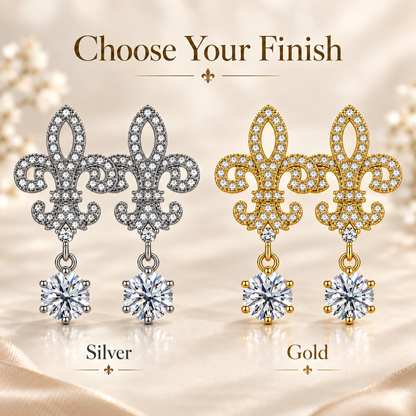 Fleur de Lis Moissanite Drop Earrings – 2.0ct Round Brilliant Dangle Earrings