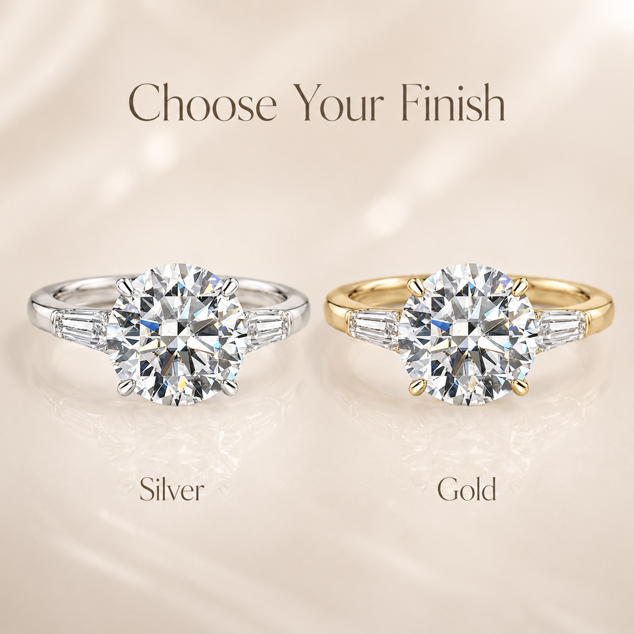 Round Brilliant & Tapered Baguette Moissanite Trilogy Ring