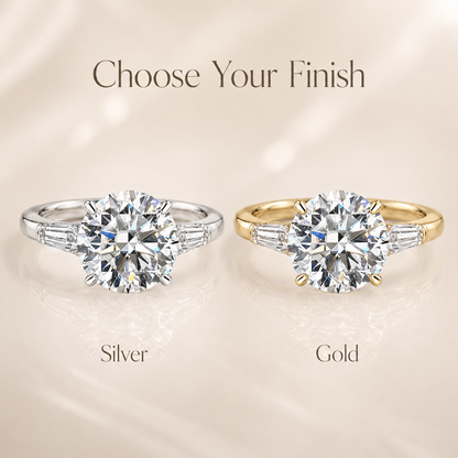 Round Brilliant & Tapered Baguette Moissanite Trilogy Ring