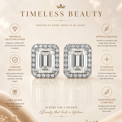 Emerald Cut Halo Moissanite Stud Earrings