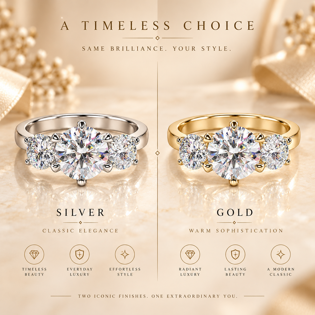 5ct Round Brilliant Moissanite Trilogy Engagement Ring