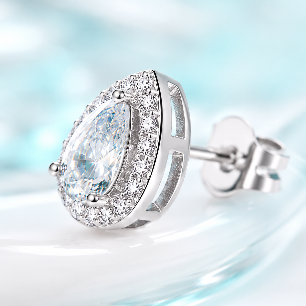Pear Cut Moissanite Halo Stud Earrings