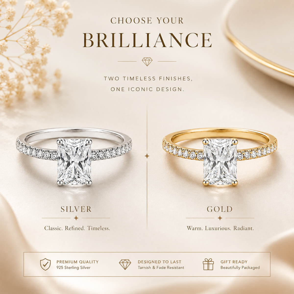 Radiant Cut Moissanite Pavé Solitaire Engagement Ring