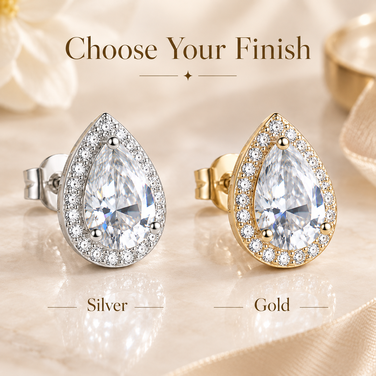 Pear Cut Moissanite Halo Stud Earrings