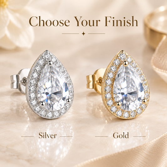 Pear Cut Moissanite Halo Stud Earrings