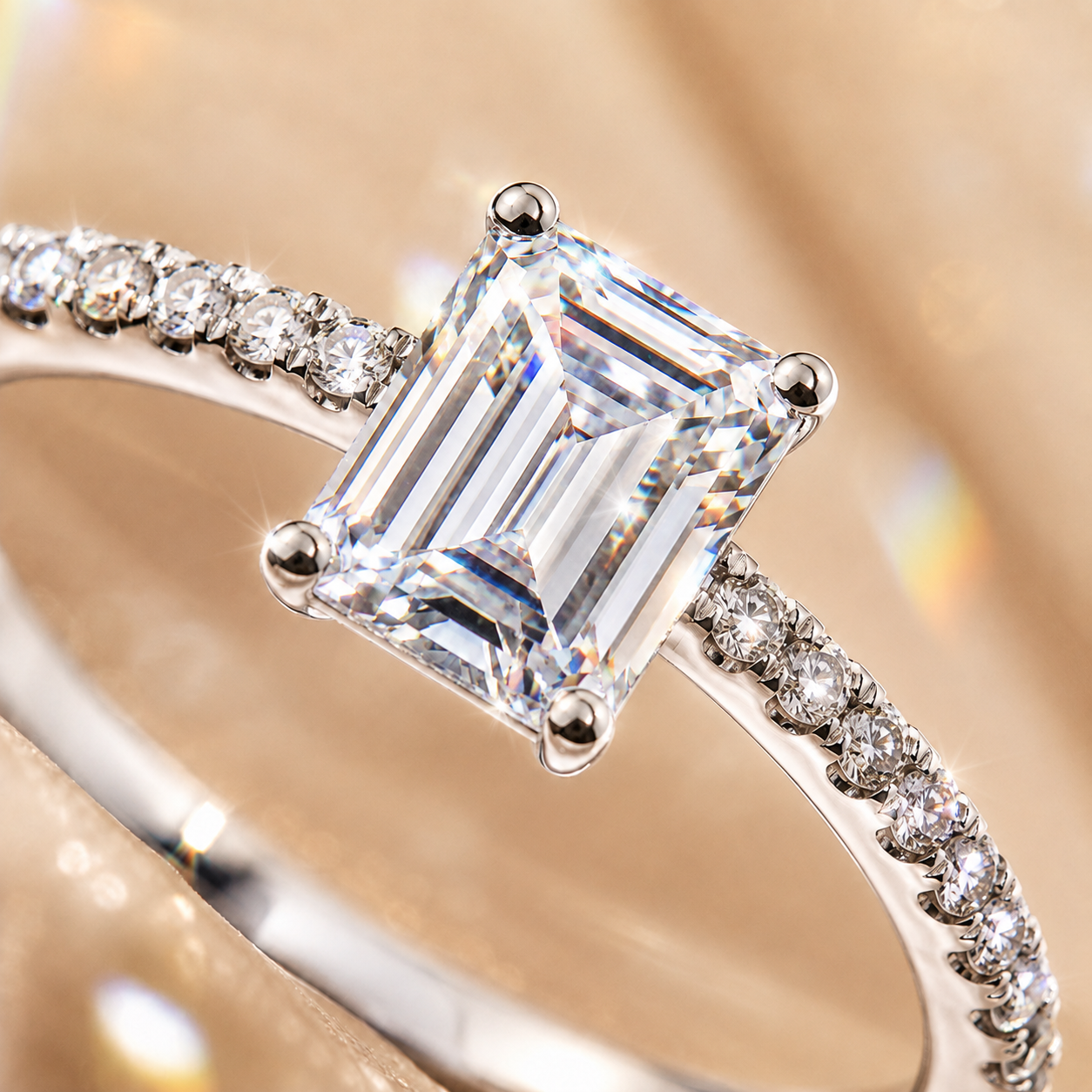 Emerald Cut Moissanite Pavé Solitaire Engagement Ring