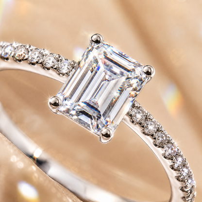 Emerald Cut Moissanite Pavé Solitaire Engagement Ring