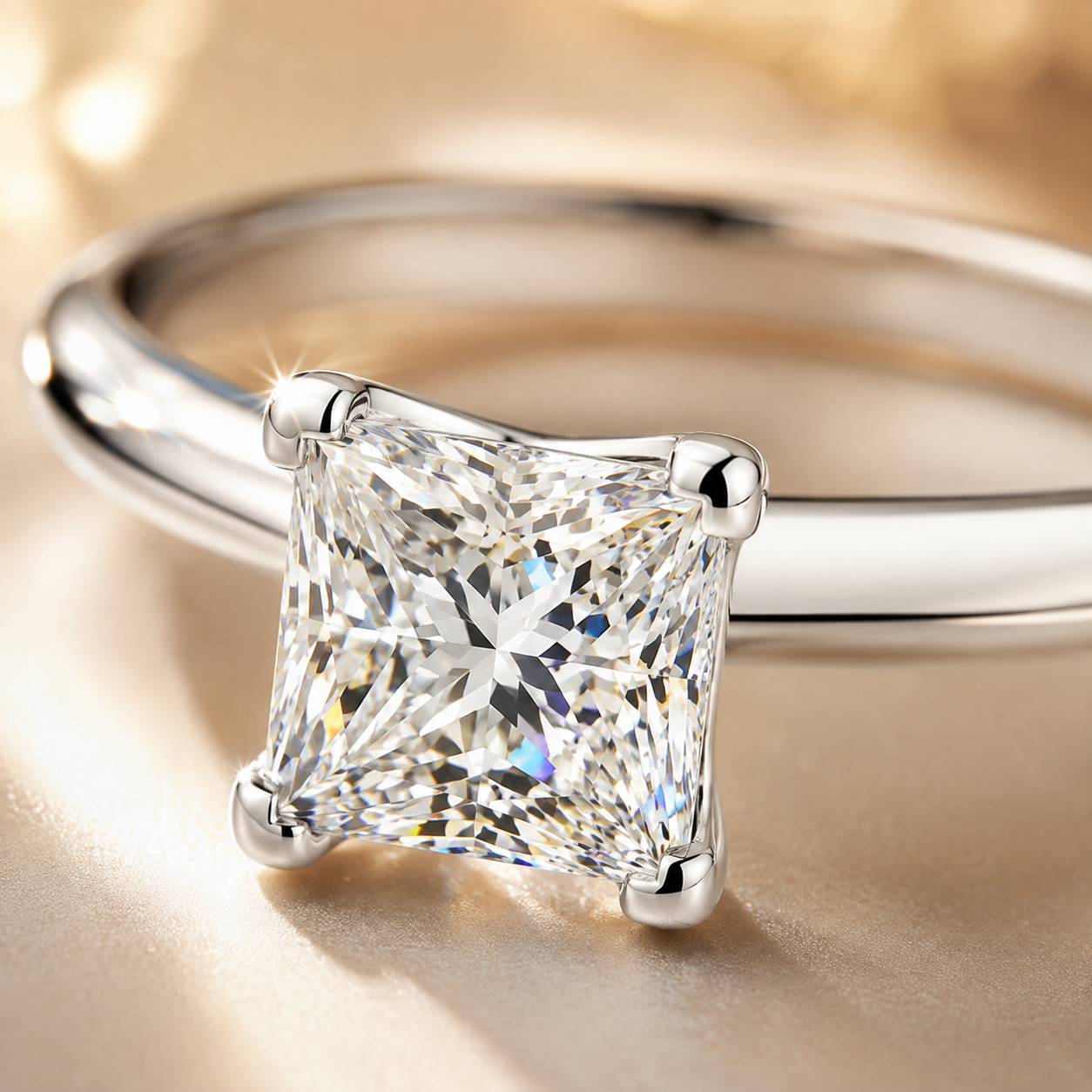 Princess Cut Moissanite Cathedral Solitaire Engagement Ring