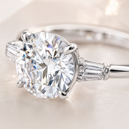 Round Brilliant & Tapered Baguette Moissanite Trilogy Ring