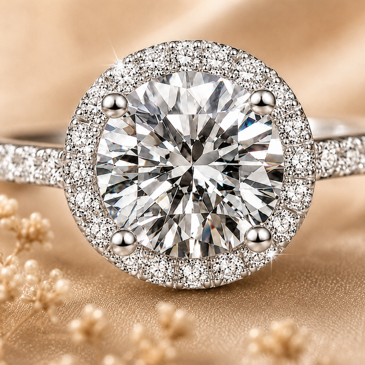 Round Brilliant Cut Moissanite Pavé Halo Engagement Ring