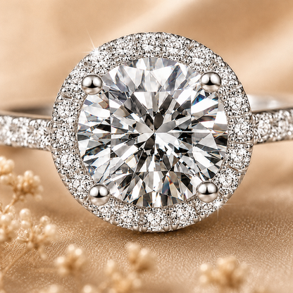 Round Brilliant Cut Moissanite Pavé Halo Engagement Ring