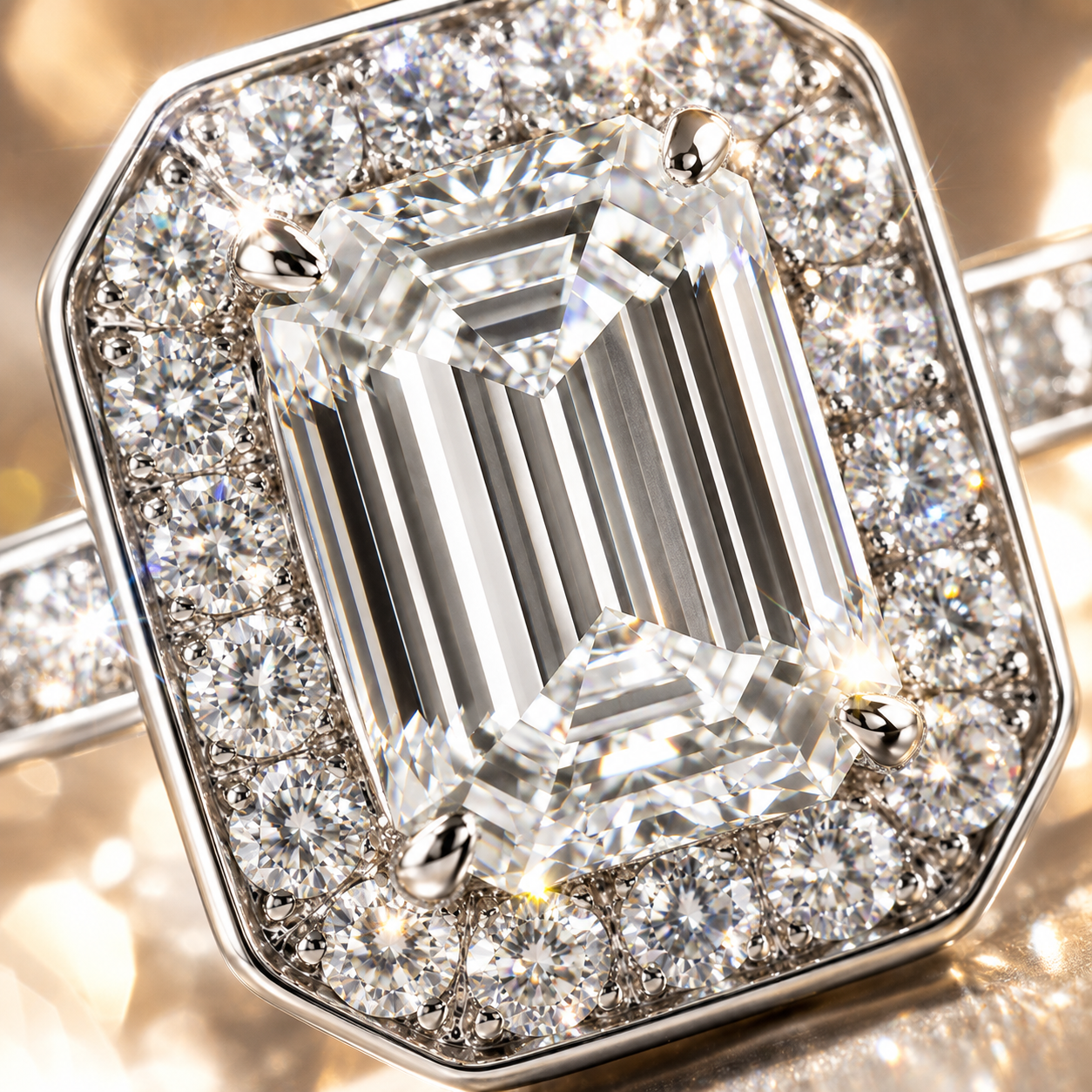 Elegant Emerald Halo Moissanite Engagement Ring