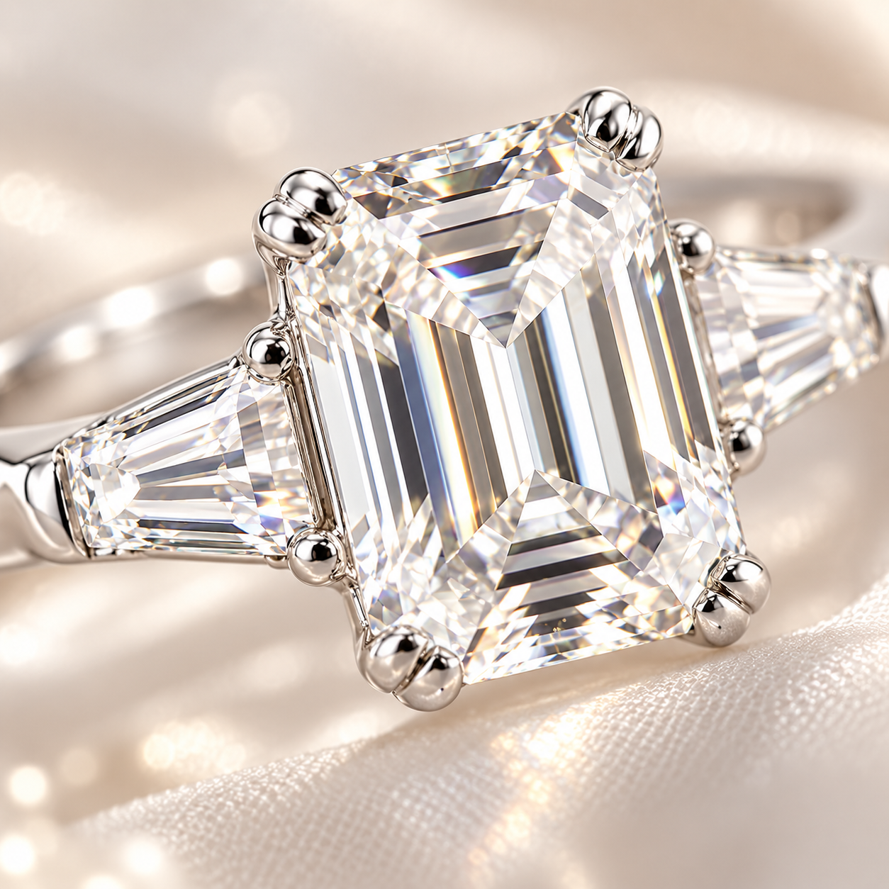 Emerald Cut & Tapered Baguette Moissanite Trilogy Engagement Ring