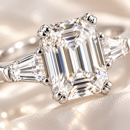 Emerald Cut & Tapered Baguette Moissanite Trilogy Engagement Ring