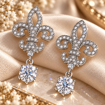 Fleur de Lis Moissanite Drop Earrings – 2.0ct Round Brilliant Dangle Earrings
