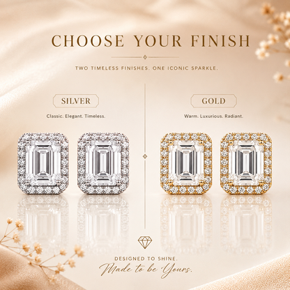 Emerald Cut Halo Moissanite Stud Earrings