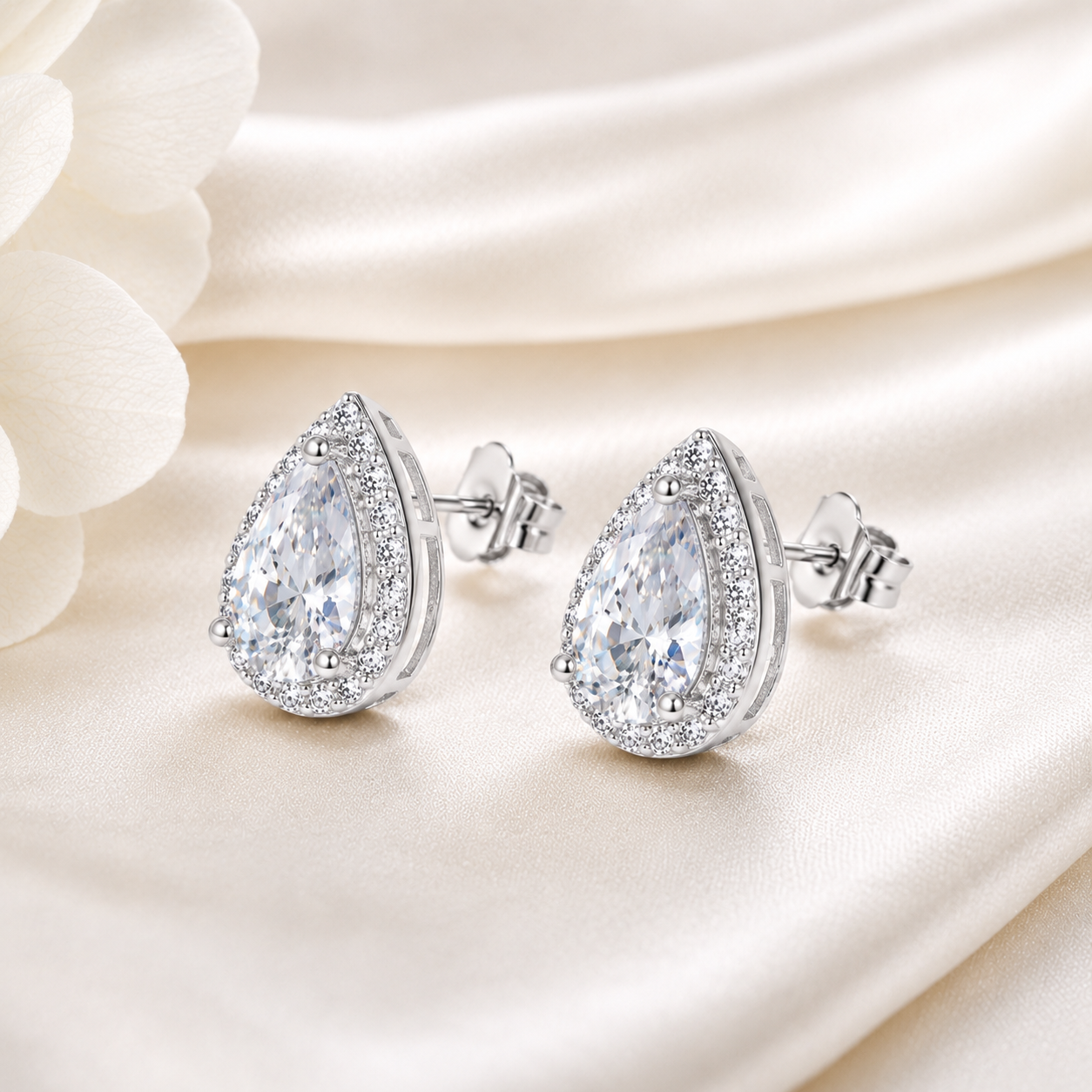 Pear Cut Moissanite Halo Stud Earrings