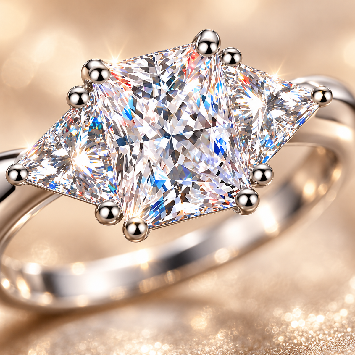 3ct Radiant & Trillion Cut Moissanite Trilogy Engagement Ring