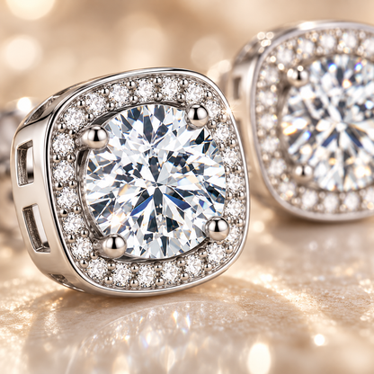 Halo Moissanite Stud Earrings – 925 Sterling Silver & Gold