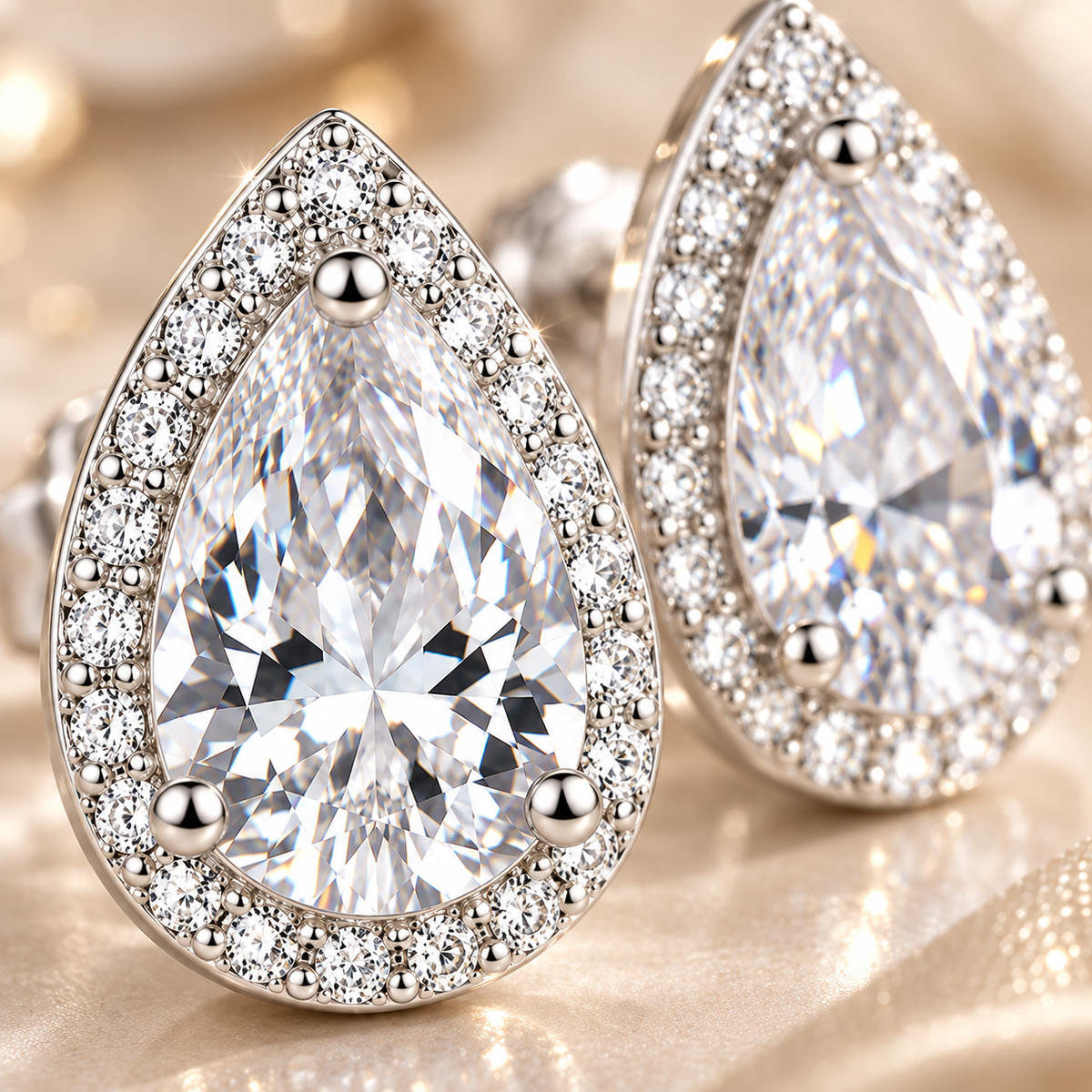 Pear Cut Moissanite Halo Stud Earrings