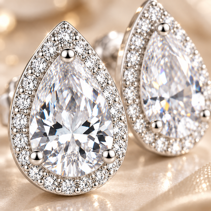 Pear Cut Moissanite Halo Stud Earrings