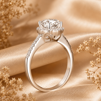 Round Brilliant Cut Moissanite Pavé Halo Engagement Ring