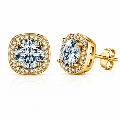 Halo Moissanite Stud Earrings – 925 Sterling Silver & Gold