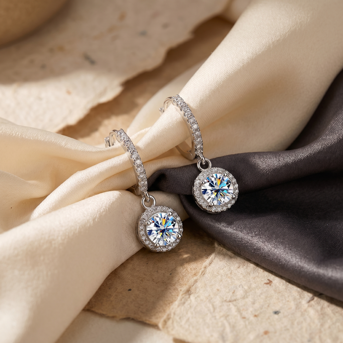 Halo Moissanite Hoop Drop Earrings