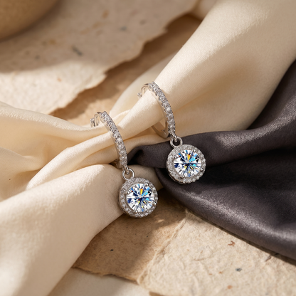 Halo Moissanite Hoop Drop Earrings
