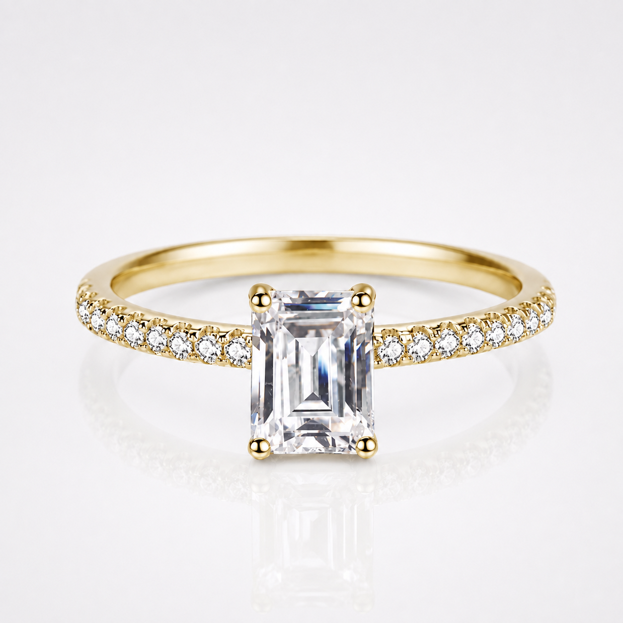 Emerald Cut Moissanite Pavé Solitaire Engagement Ring
