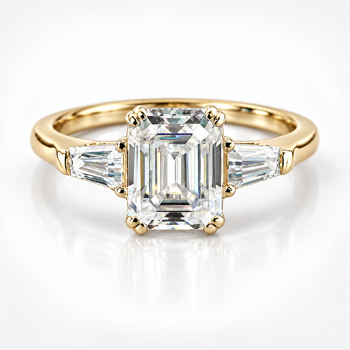 Emerald Cut & Tapered Baguette Moissanite Trilogy Engagement Ring