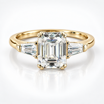 Emerald Cut & Tapered Baguette Moissanite Trilogy Engagement Ring