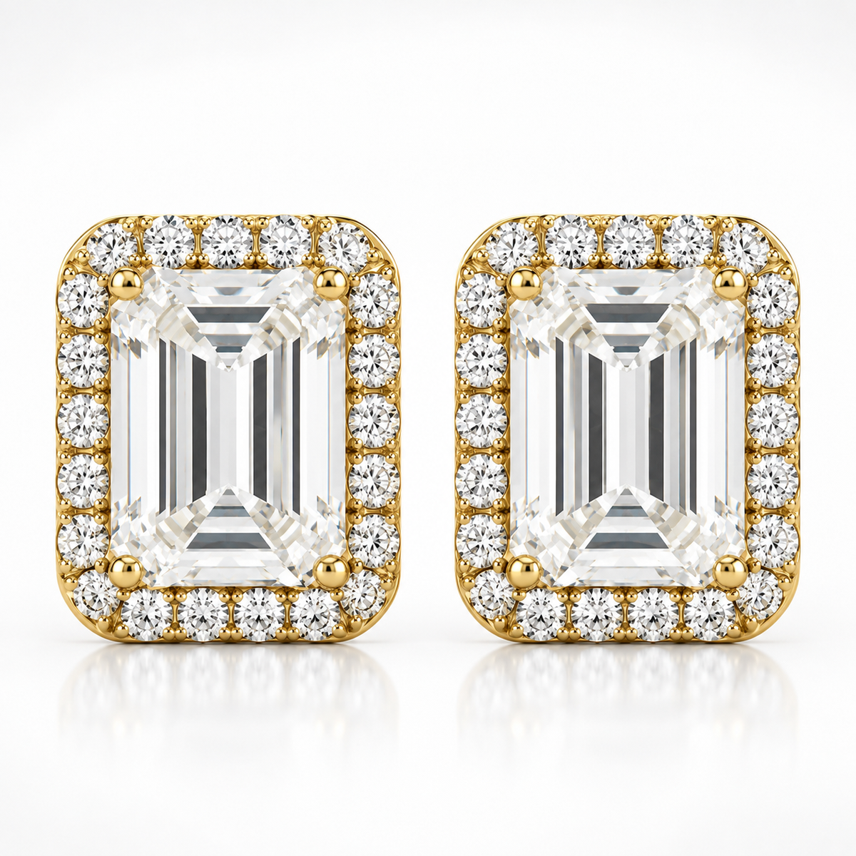 Emerald Cut Halo Moissanite Stud Earrings