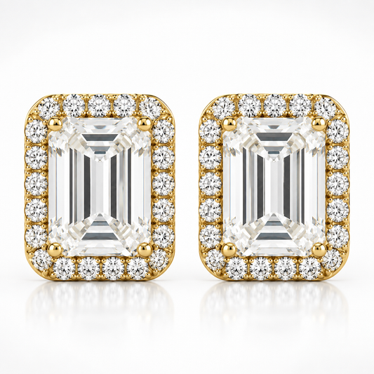 Emerald Cut Halo Moissanite Stud Earrings
