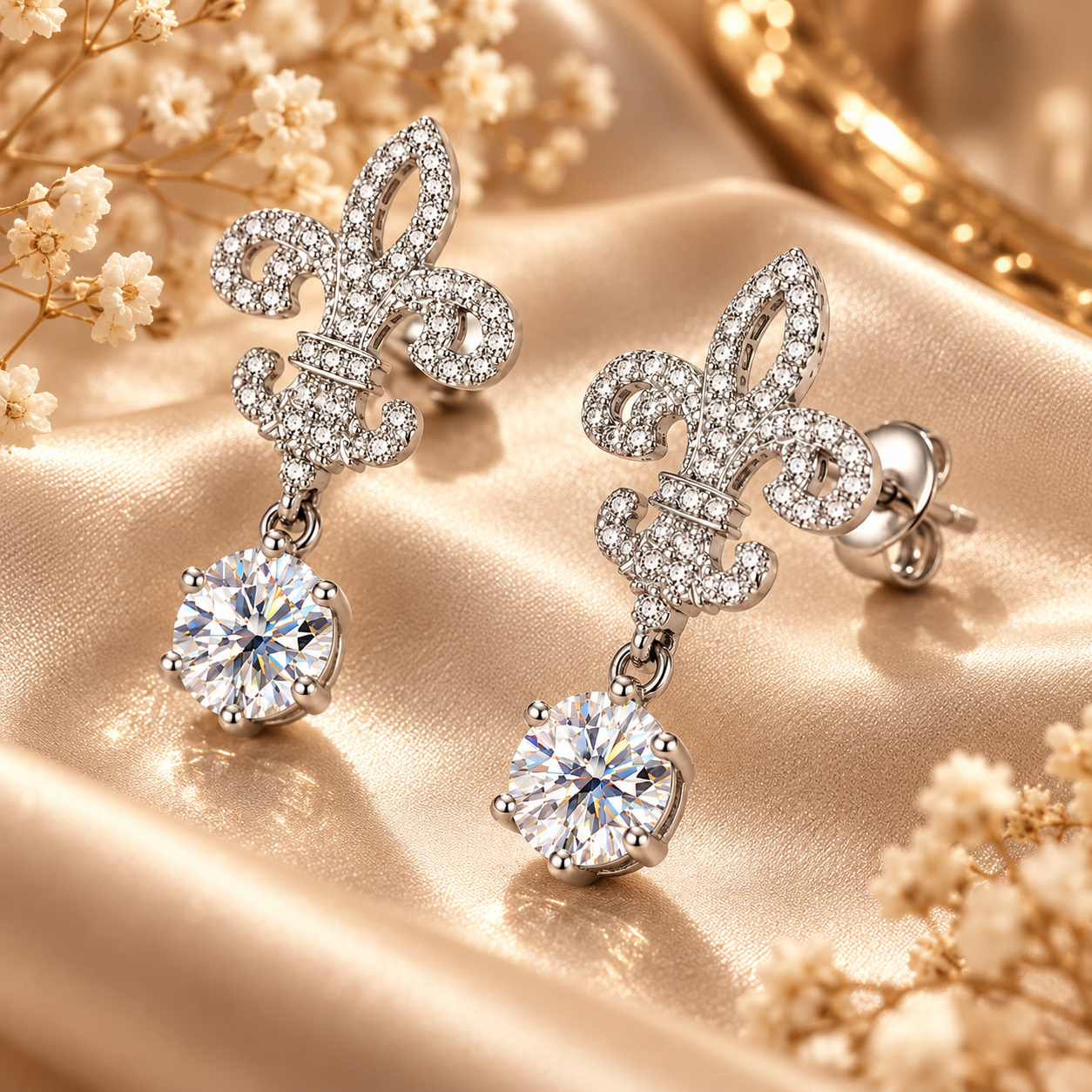 Fleur de Lis Moissanite Drop Earrings – 2.0ct Round Brilliant Dangle Earrings